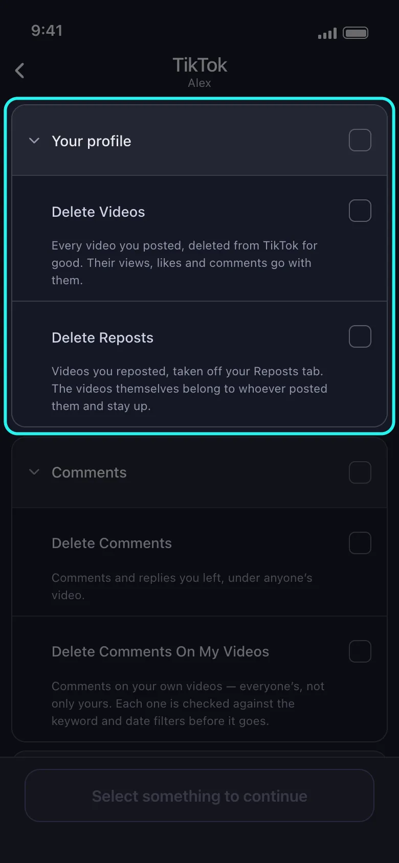 TikTok’s Your profile group highlighted, with Delete Videos and Delete Reposts.