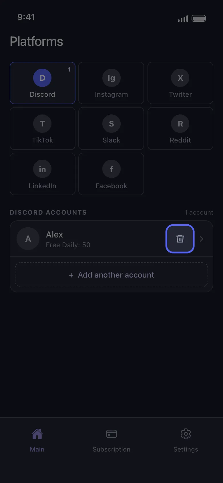 The Discord accounts list with the trash icon highlighted on the account’s row, next to the arrow.