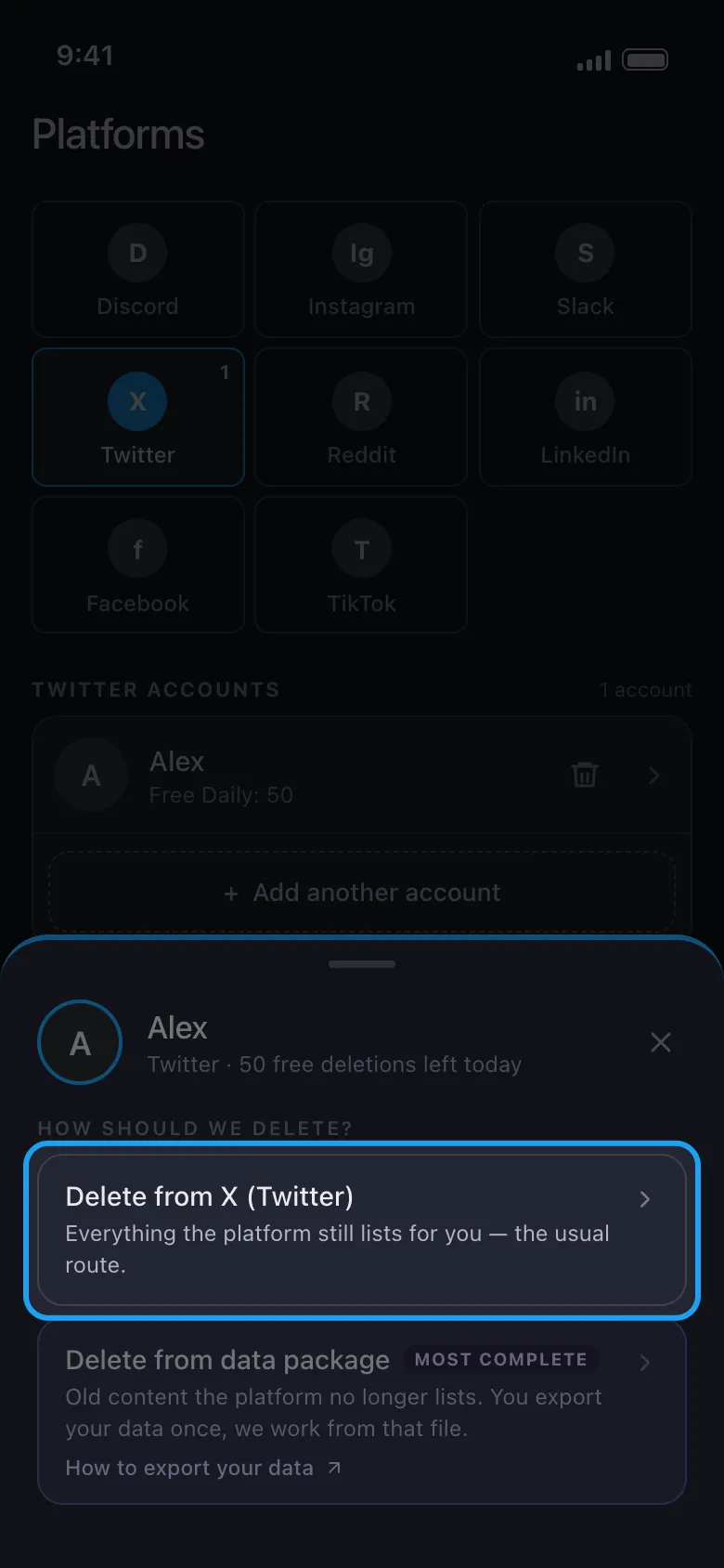 Unpost action sheet for a connected X account, with Delete from X (Twitter) highlighted