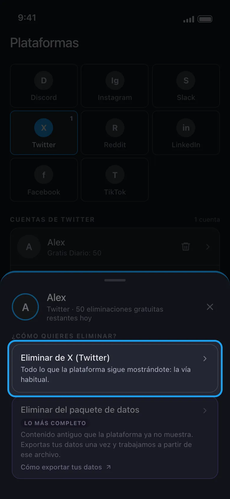Menú de acciones de Unpost para una cuenta de X conectada, con Eliminar de X (Twitter) resaltado