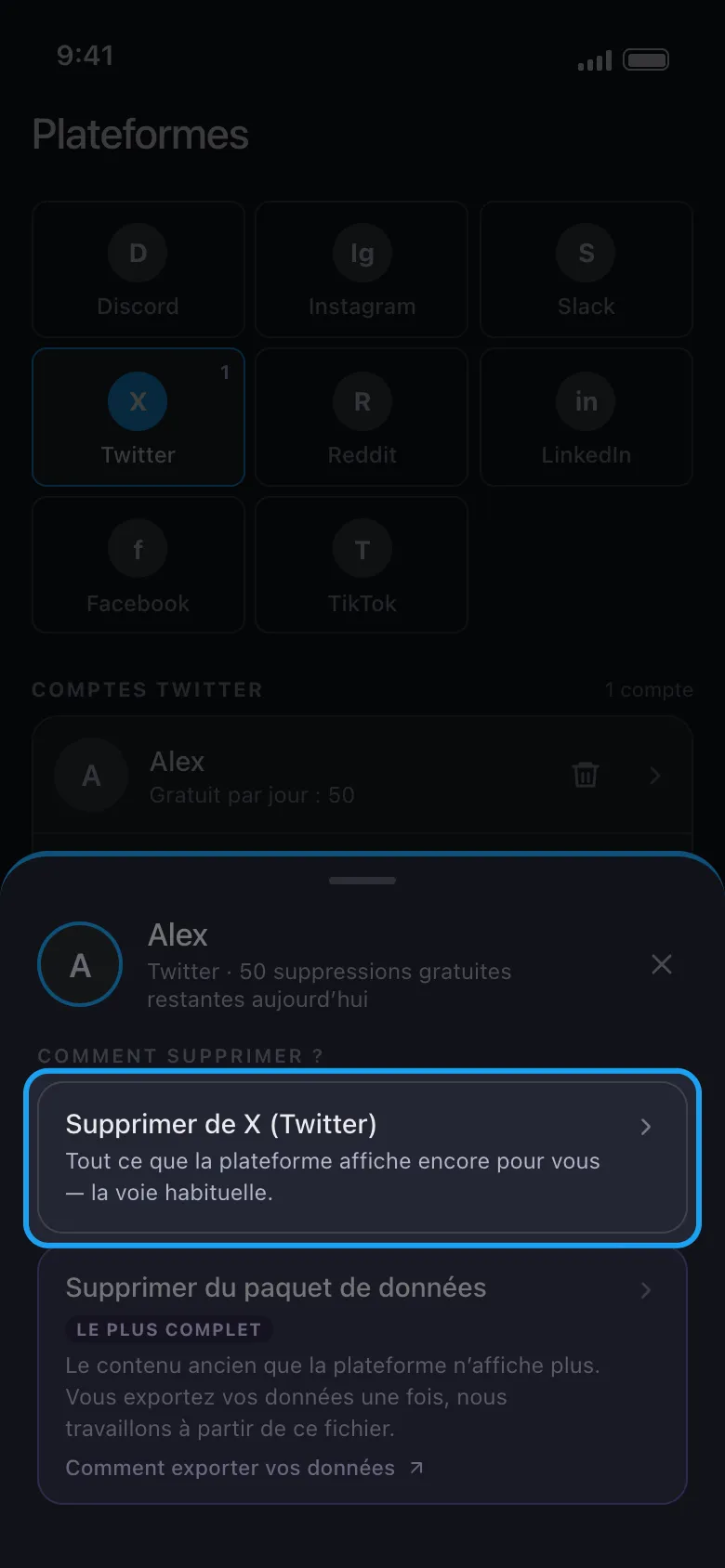 Menu d'actions d'Unpost pour un compte X connecté, l'option Supprimer de X (Twitter) mise en évidence