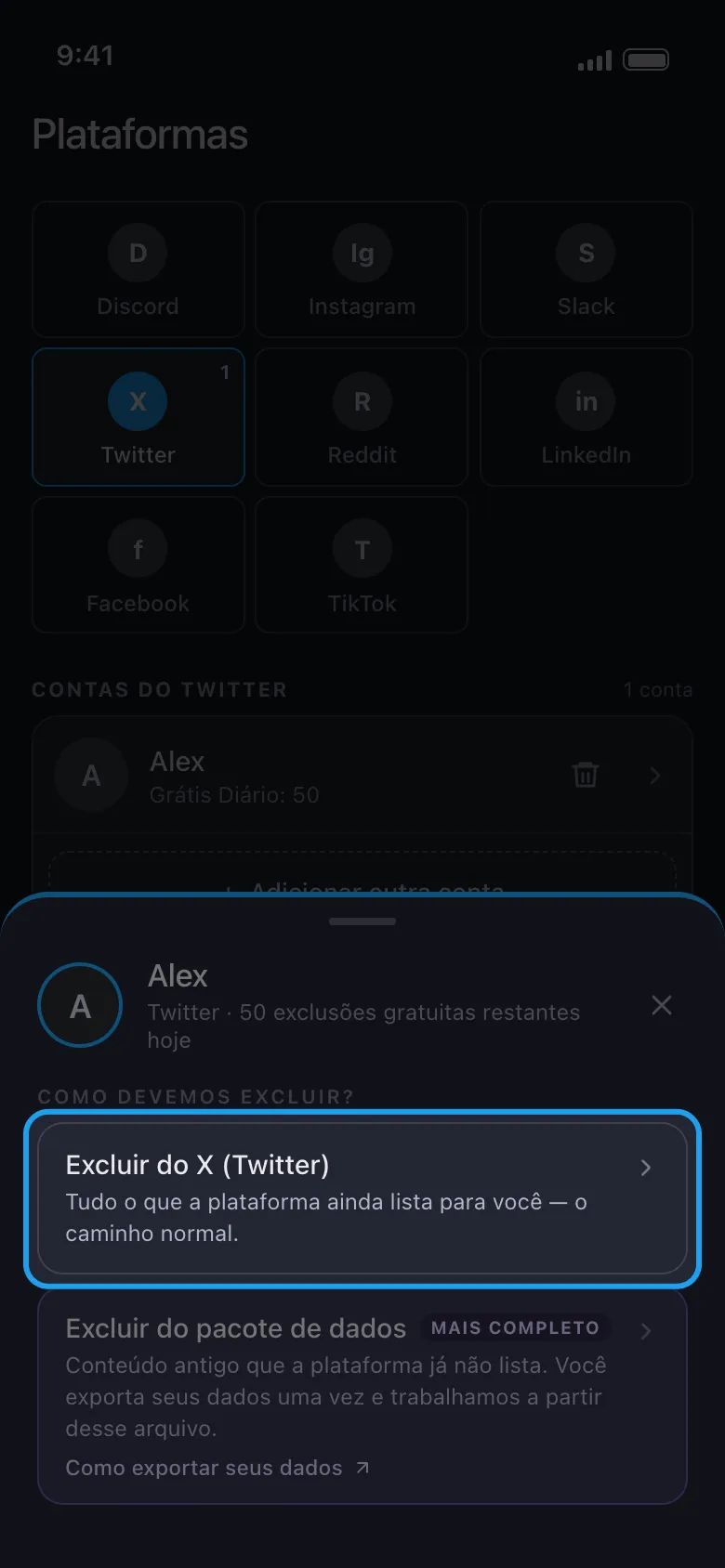 Menu de ações do Unpost para uma conta do X conectada, com Excluir do X (Twitter) destacado