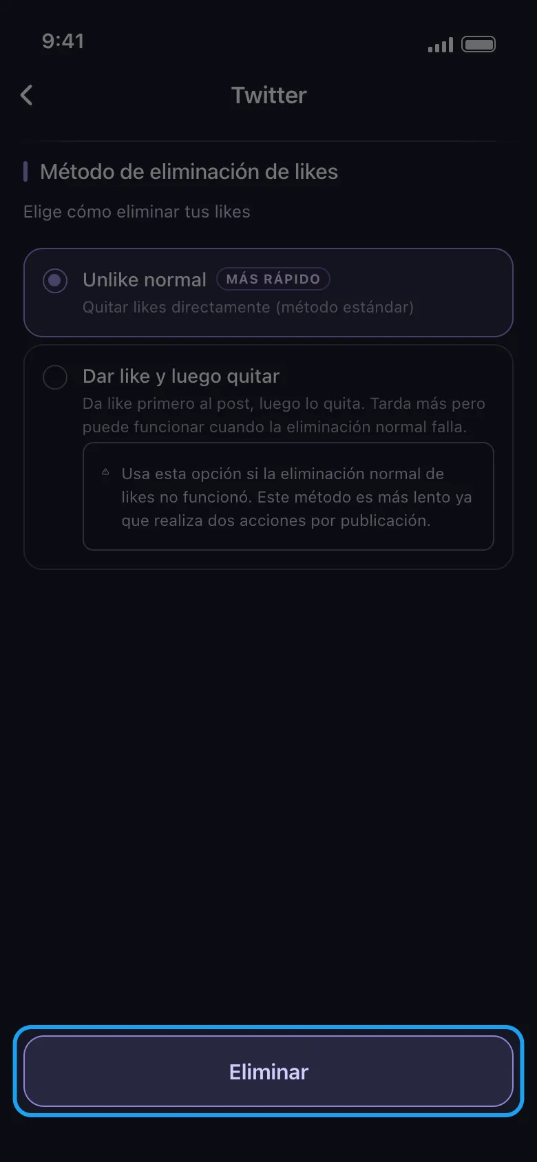 Pantalla de opciones de borrado de Twitter en Unpost con el botón Eliminar resaltado