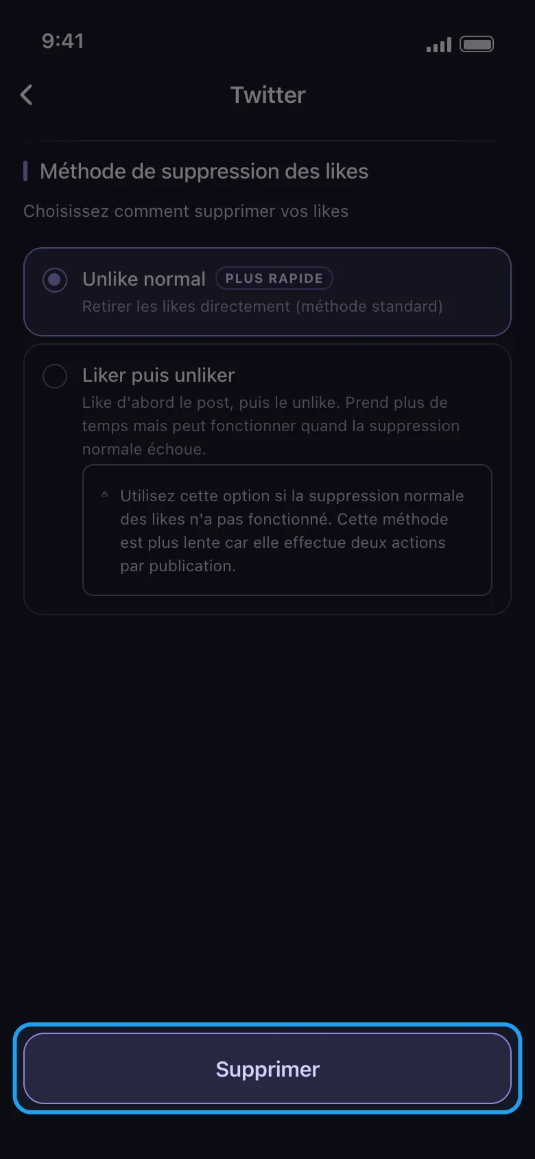 Écran des options de suppression Twitter d'Unpost, le bouton Supprimer mis en évidence
