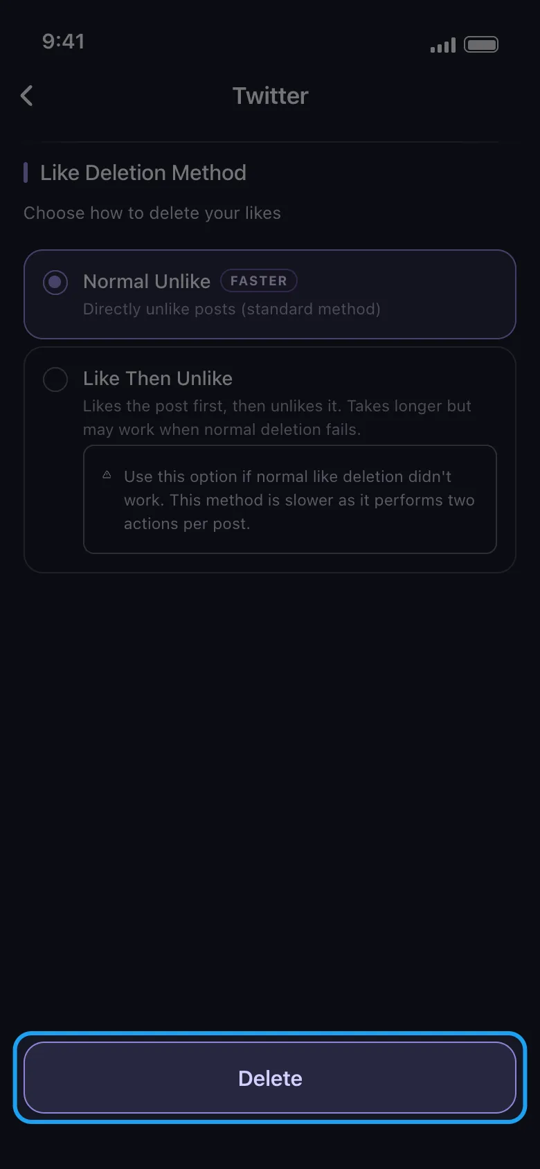 Layar opsi penghapusan Twitter di Unpost dengan tombol Delete disorot