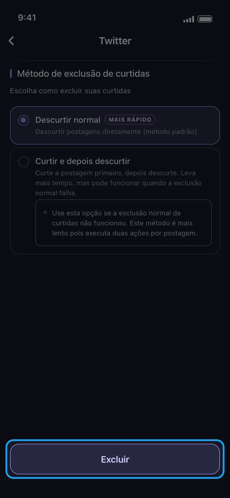 Tela de opções de exclusão do Twitter no Unpost com o botão Excluir destacado