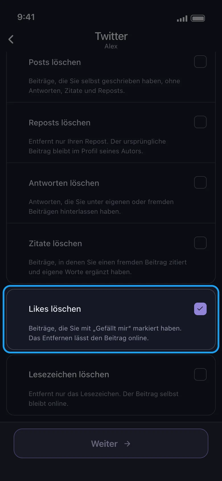Liste der zu löschenden Inhalte für X mit hervorgehobenem Eintrag „Likes löschen", neben Beiträge löschen, Reposts löschen, Antworten löschen, Zitate löschen und Lesezeichen löschen