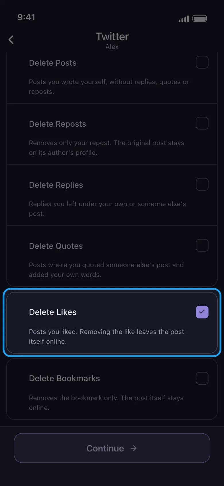 Unpost'un X için ne silineceği listesinde Delete Likes (Beğenileri Sil) işaretli ve vurgulanmış; Posts (Gönderiler), Reposts (Retweetler), Replies (Yanıtlar), Quotes (Alıntılar) ve Bookmarks (Yer İşaretleri) arasında