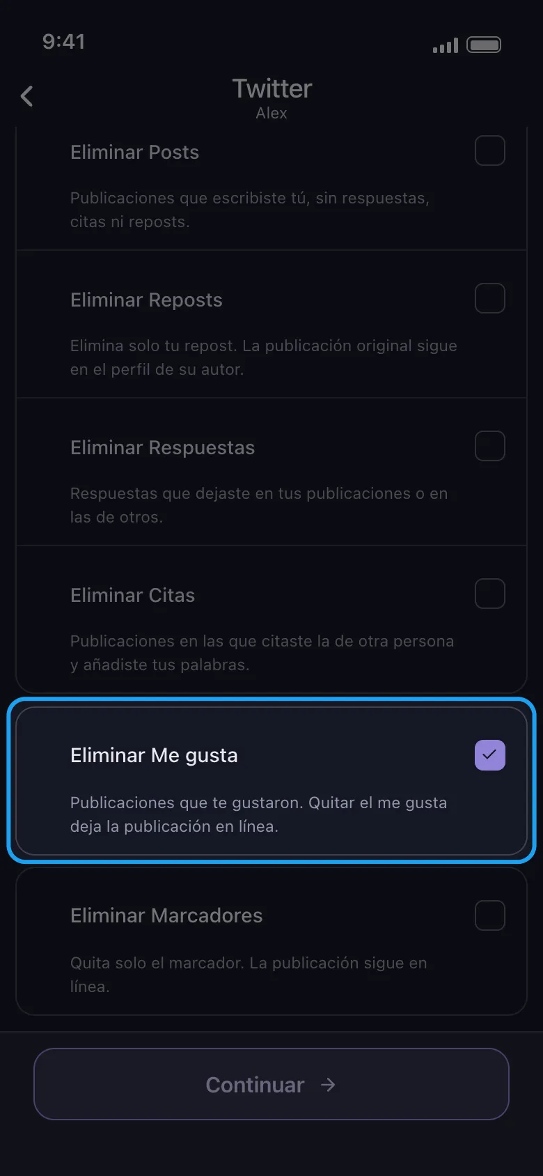 Lista de qué eliminar de Unpost para X con Eliminar Me gusta marcado y resaltado, entre Eliminar Posts, Eliminar Reposts, Eliminar Respuestas, Eliminar Citas y Eliminar Marcadores