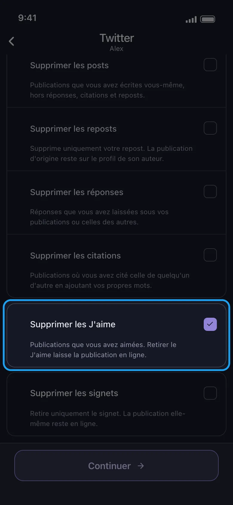 Liste de ce qu'il faut supprimer dans Unpost pour X avec Supprimer les J'aime coché et mis en évidence, parmi Posts, Reposts, Réponses, Citations et Signets