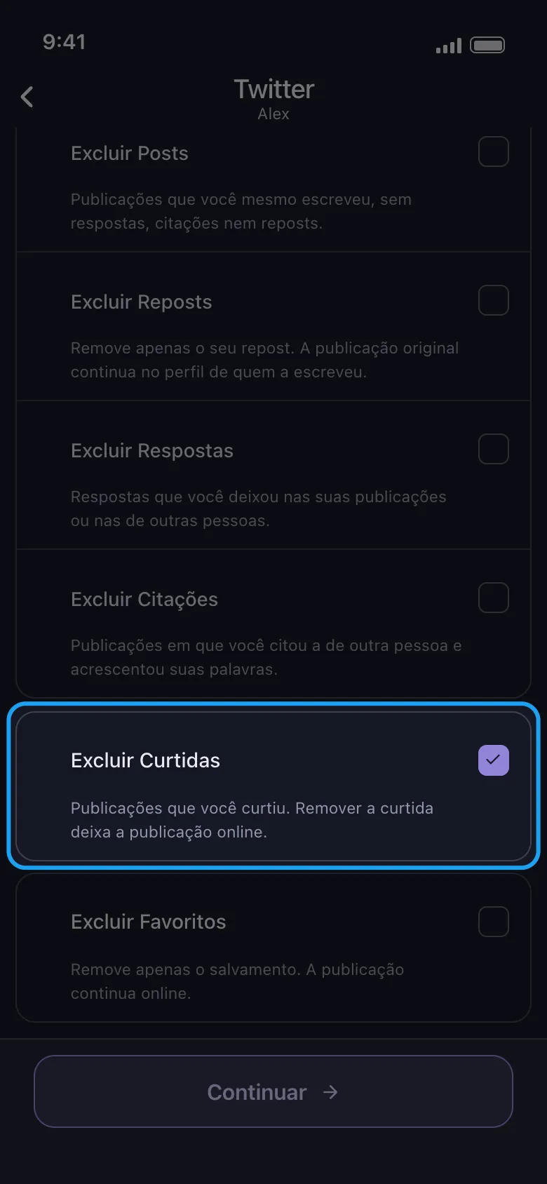 Lista do que excluir do Unpost para o X com "Excluir Curtidas" marcada e destacada, entre Postagens, Republicações, Respostas, Citações e Favoritos