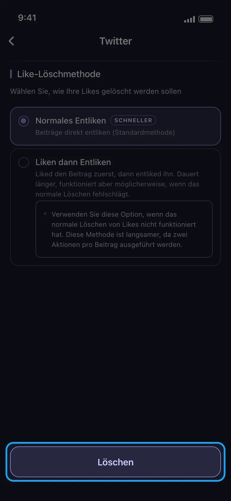 Unpost-Bildschirm mit den Löschoptionen für X und der Methode zum Entfernen der Likes, mit hervorgehobenem Button „Löschen"
