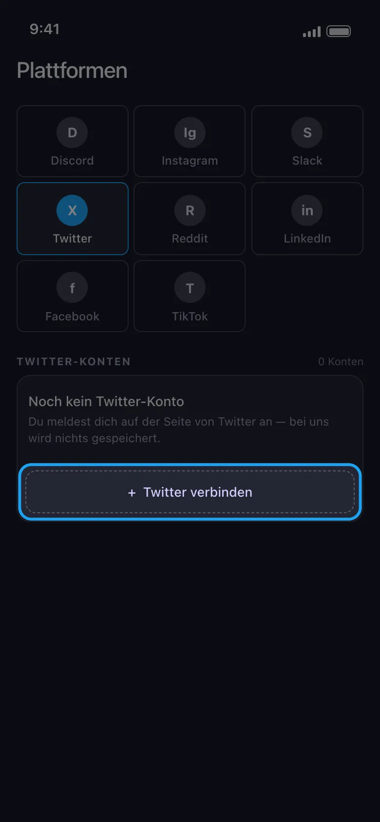 Unpost-Plattformbildschirm mit ausgewähltem Twitter-Feld und hervorgehobenem Button „Twitter verbinden“