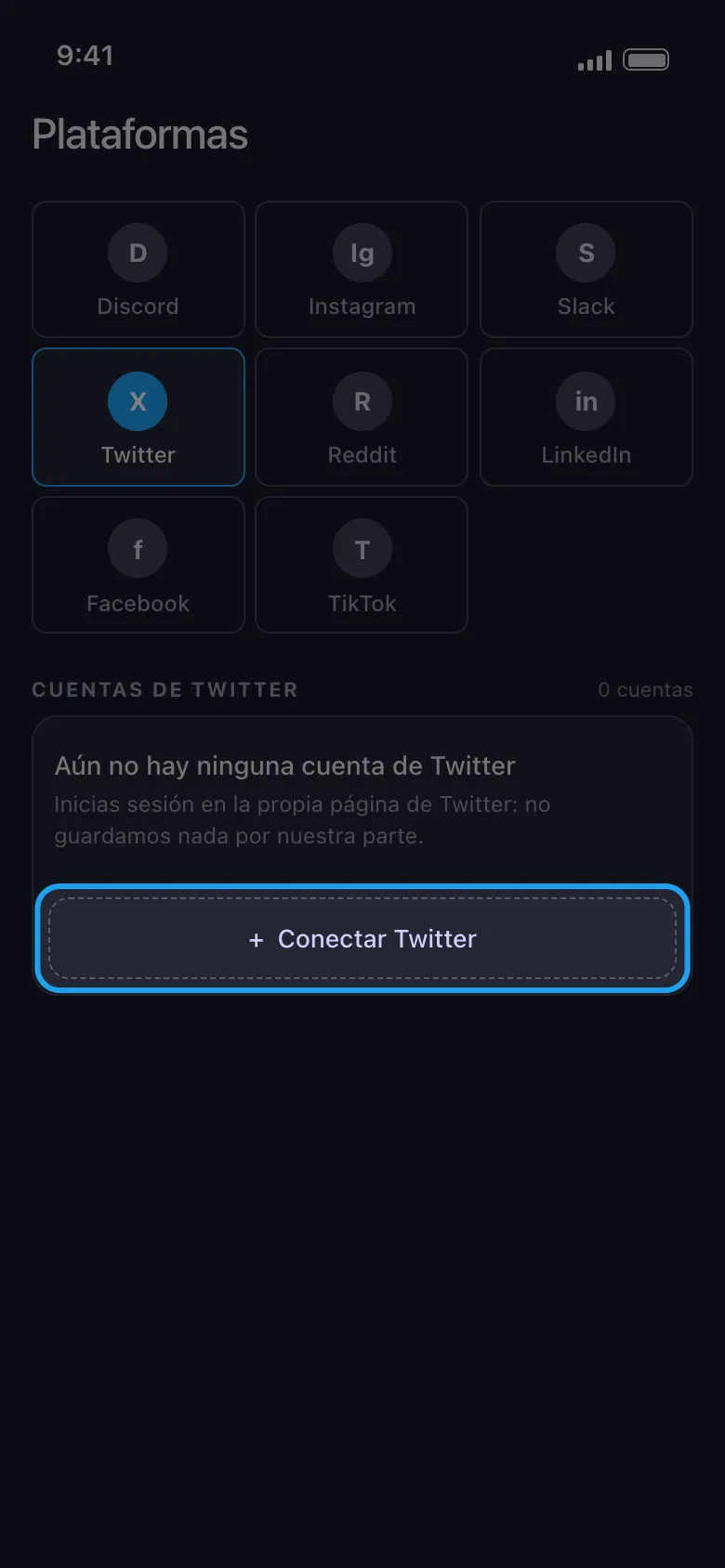 Pantalla Plataformas de Unpost con Twitter seleccionado y el botón Conectar Twitter resaltado