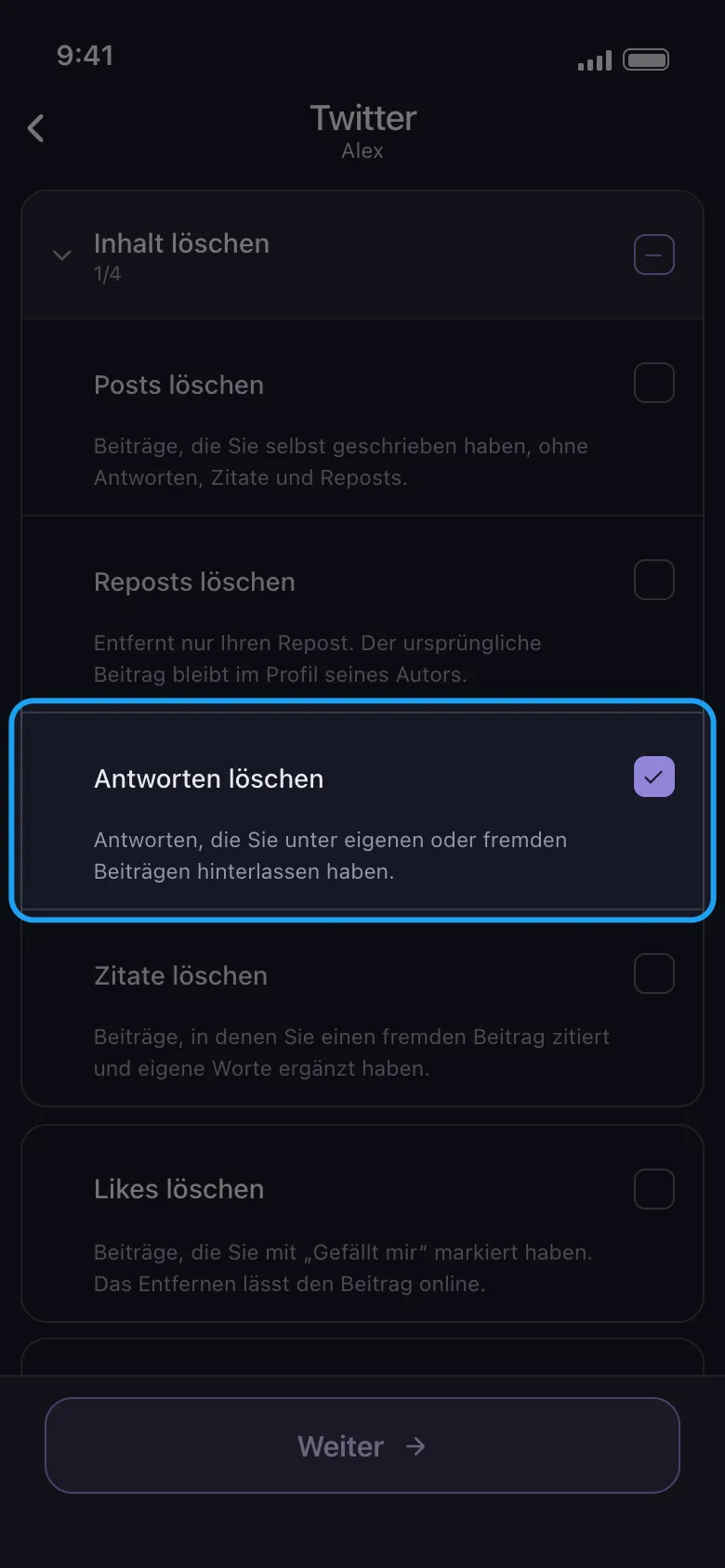 Unpost-Inhaltsliste für ein verbundenes X-Konto mit ausgewähltem „Antworten löschen“