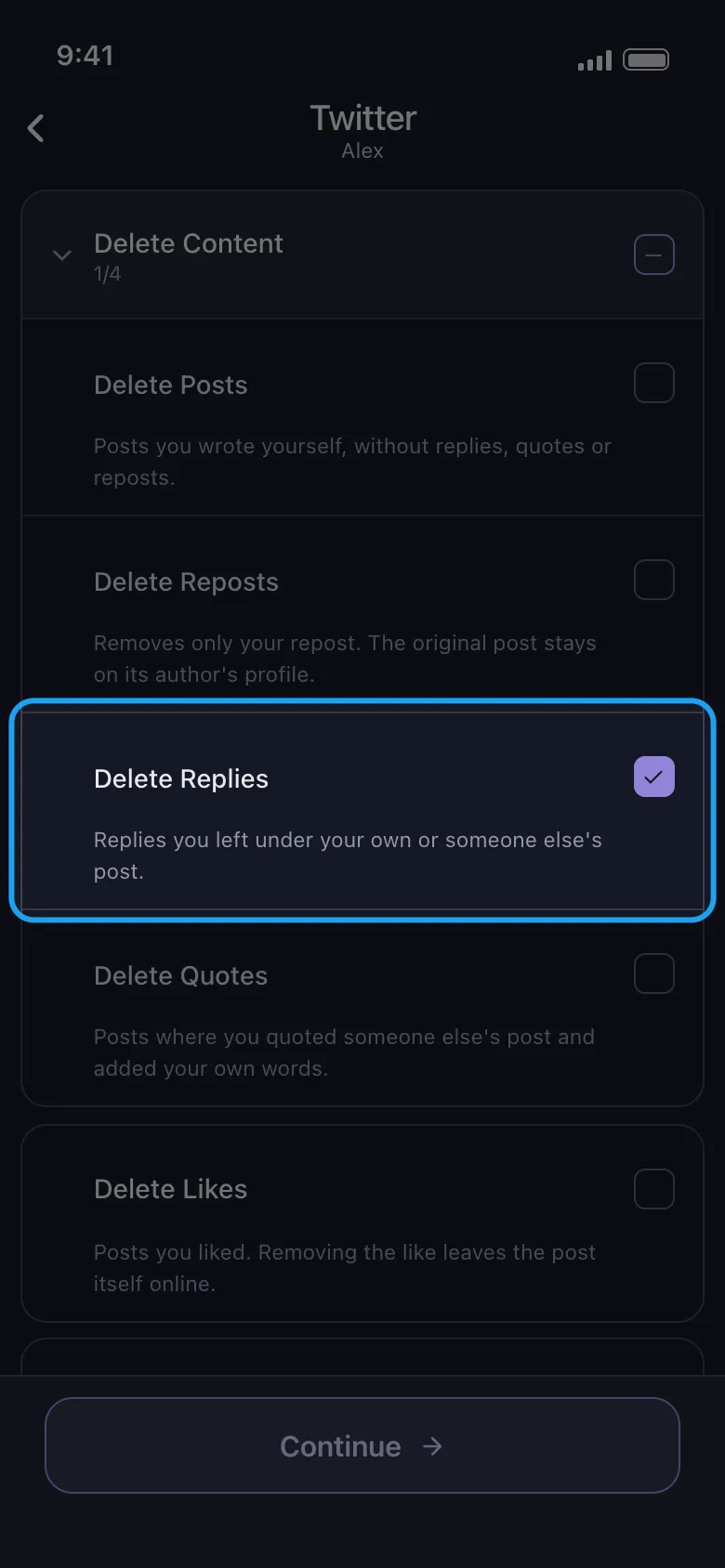 Delete Replies seçeneğinin işaretlendiği, bağlı bir X hesabına ait Unpost içerik listesi