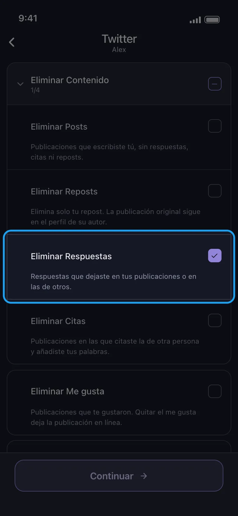 Lista de contenido de Unpost para una cuenta de X conectada con Eliminar Respuestas seleccionado