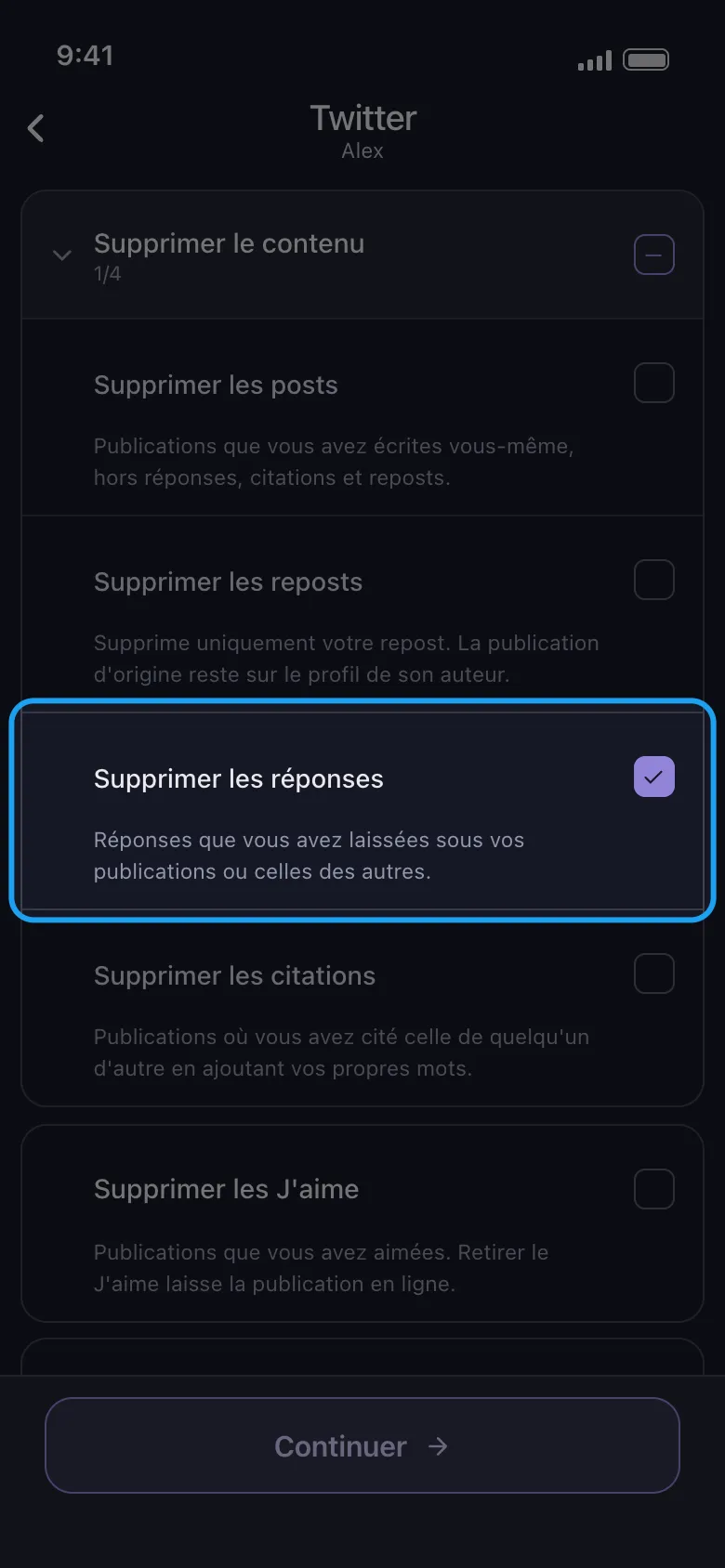 Liste de contenu Unpost pour un compte X connecté, avec Supprimer les réponses sélectionné