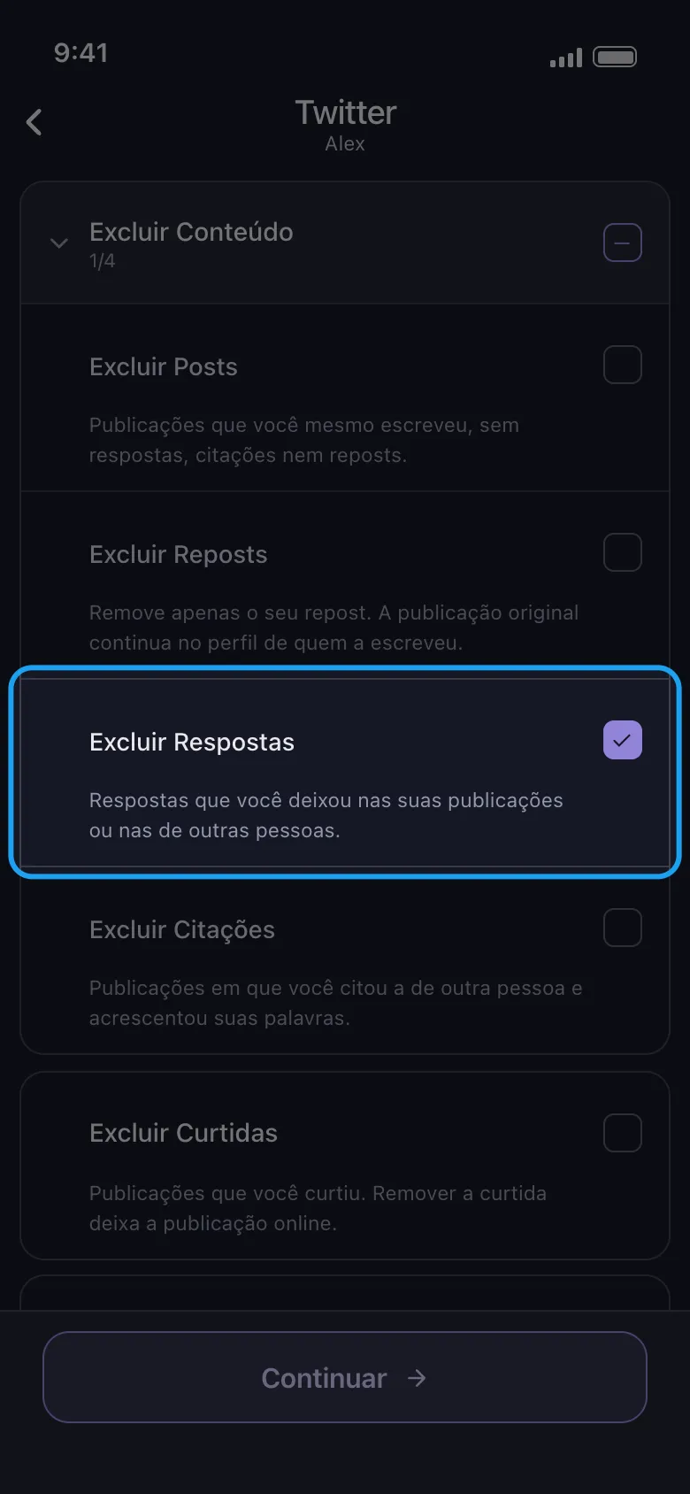 Lista de conteúdo do Unpost para uma conta X conectada com a opção Excluir Respostas selecionada