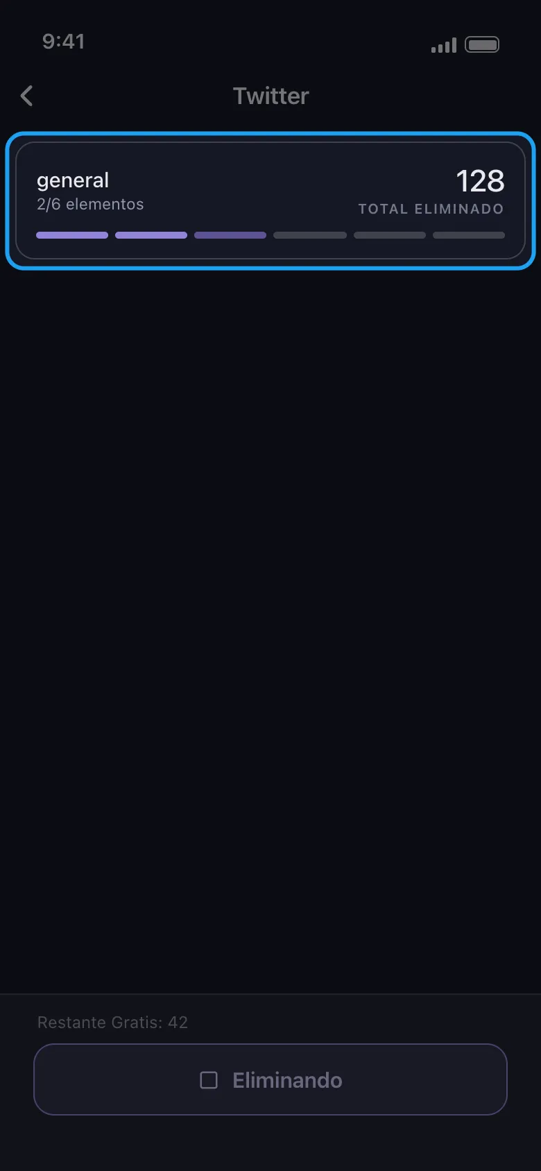 Tarjeta de progreso de borrado de Unpost para X mostrando el total en vivo de elementos eliminados