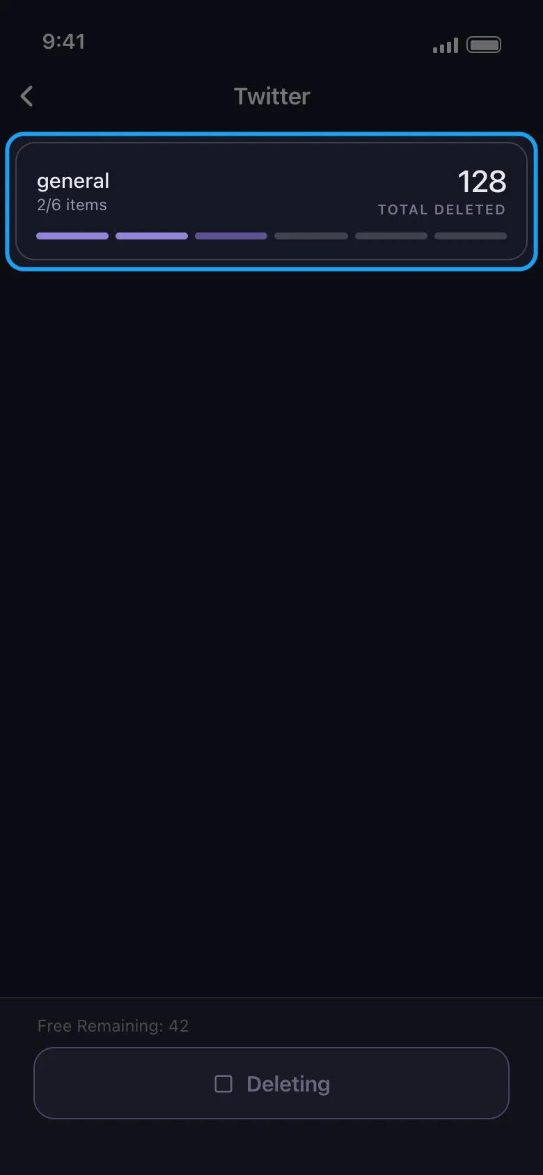 Silinen öğelerin canlı toplamını gösteren, X için Unpost silme ilerleme kartı
