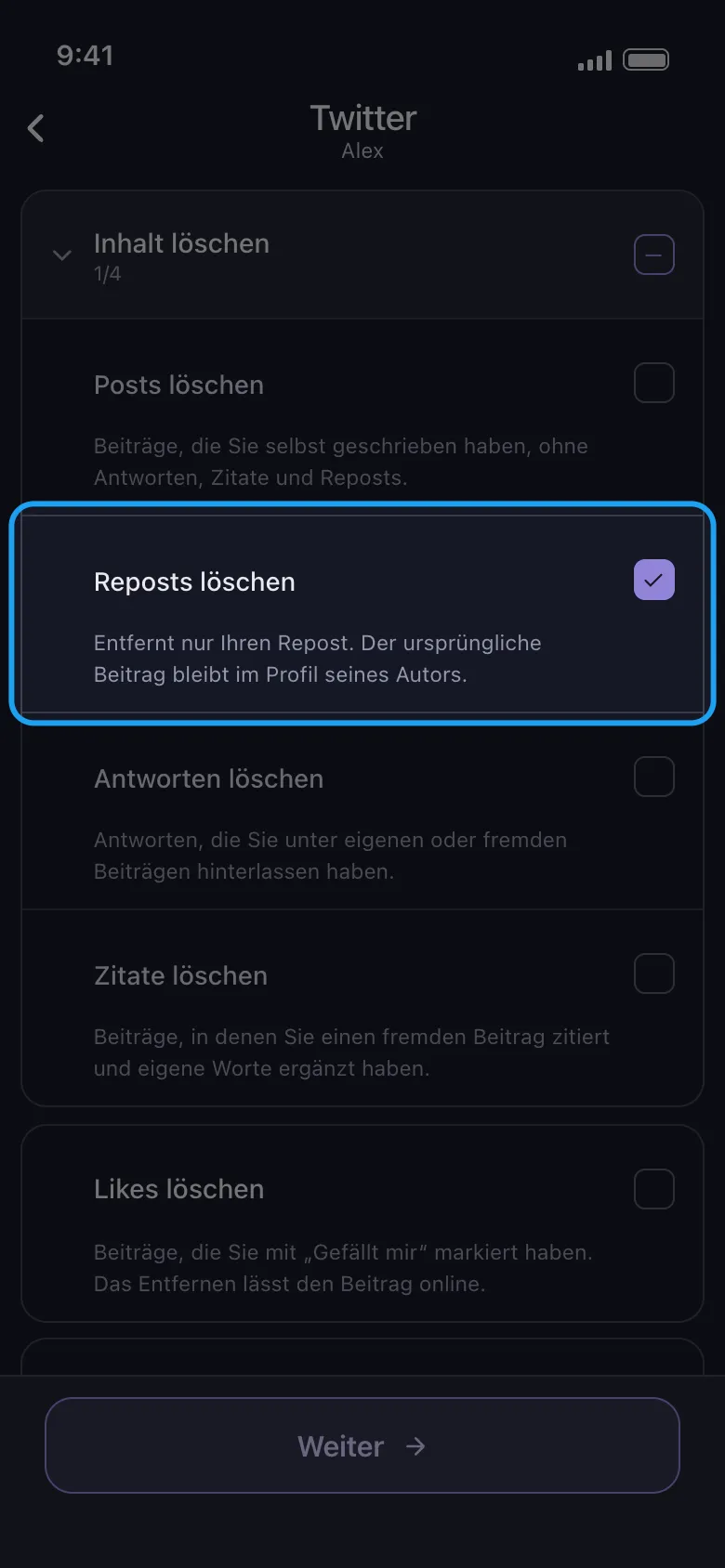 Unposts Bildschirm „Was gelöscht werden soll“ für Twitter (X): die Gruppe „Inhalt löschen“ mit den Zeilen Posts, Reposts, Antworten und Zitate, wobei die Zeile „Reposts löschen“ hervorgehoben und angehakt ist