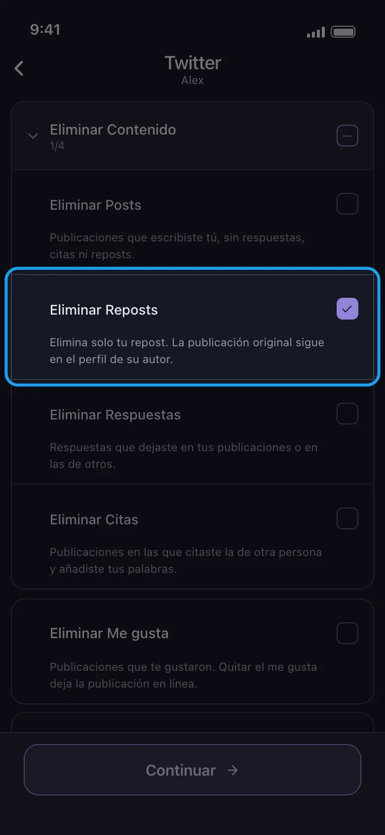 Pantalla "qué eliminar" de Unpost para Twitter (X): el grupo Eliminar Contenido con las filas de posts, reposts, respuestas y citas, con la fila Eliminar Reposts resaltada y marcada