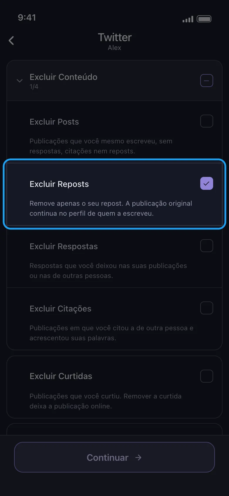Tela "o que excluir" do Unpost para Twitter (X): o grupo Excluir Conteúdo listando posts, reposts, respostas e citações, com a linha Excluir Reposts destacada e marcada