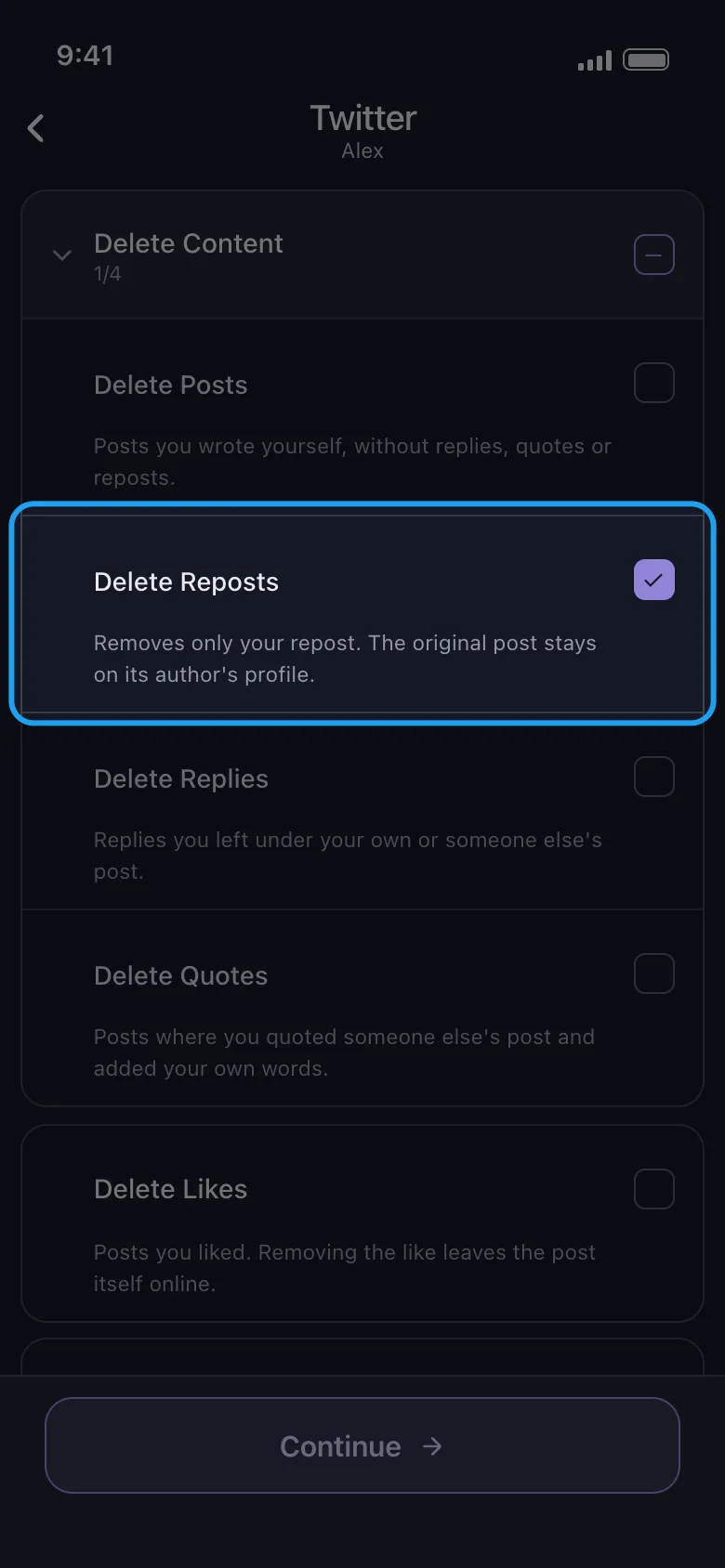 Unpost'un Twitter (X) için "ne silinecek" ekranı: Delete Content grubunda posts, reposts, replies ve quotes listelenir; Delete Reposts satırı vurgulanmış ve işaretlenmiştir