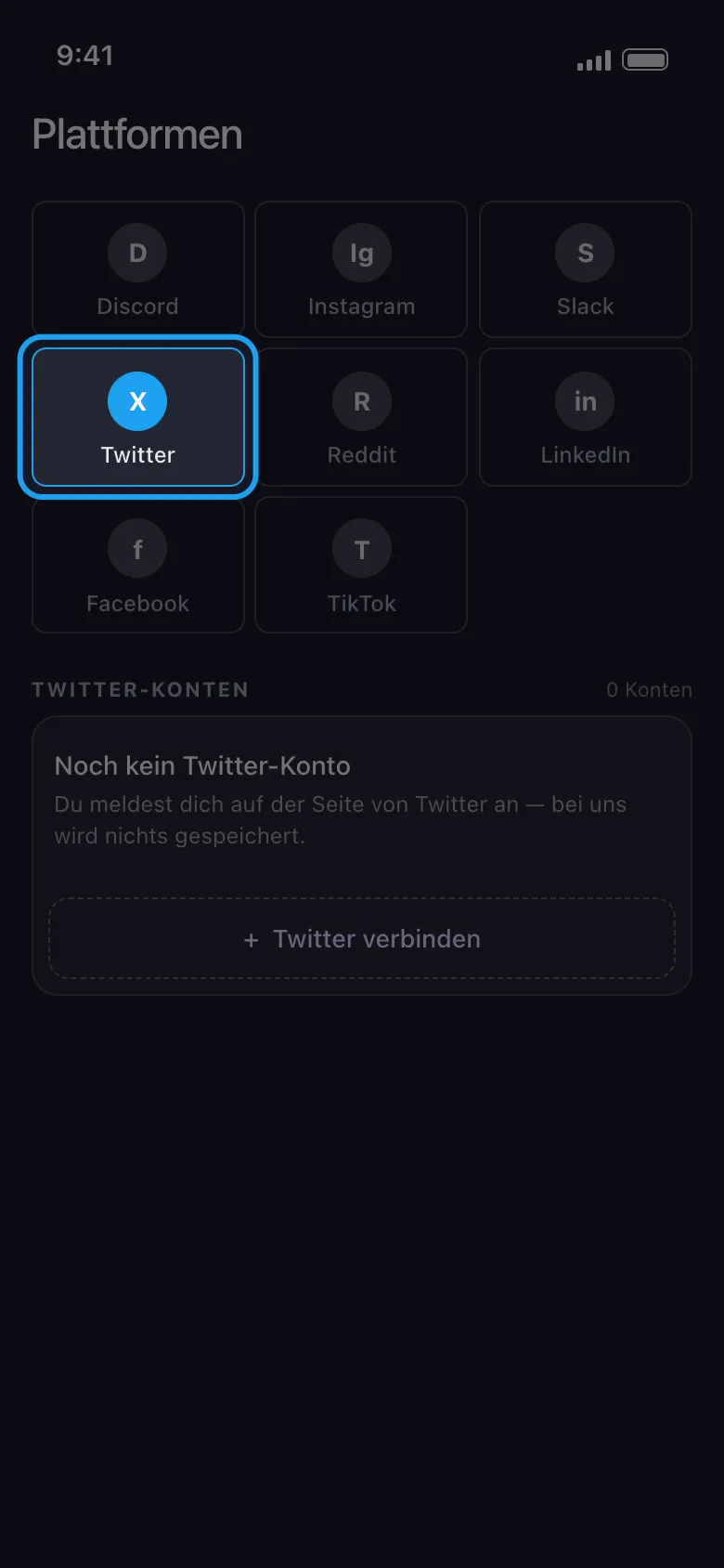 Unpost-Startbildschirm mit einer Kachel pro Plattform, die Kachel „Twitter/X“ hervorgehoben