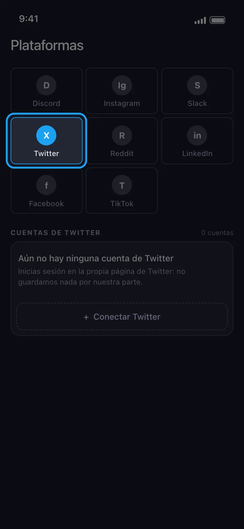 Pantalla de inicio de Unpost con una casilla por cada red social; la casilla de X (Twitter) está resaltada
