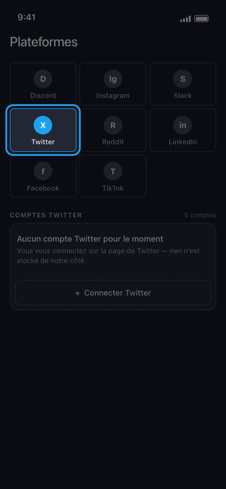 Écran d'accueil d'Unpost avec une tuile par plateforme, la tuile Twitter/X mise en évidence