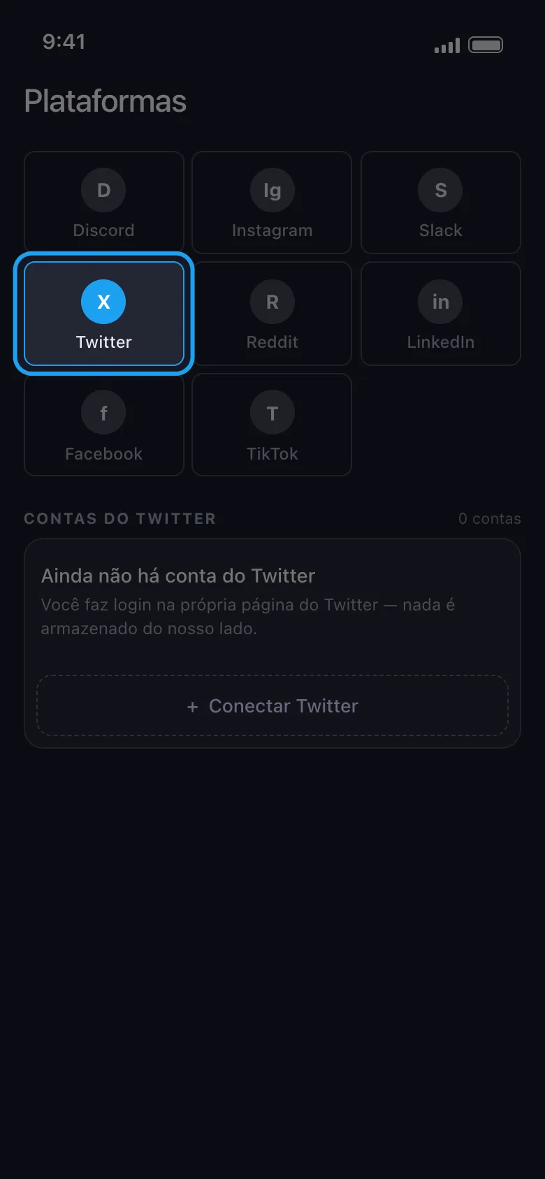 Tela inicial do Unpost com um bloco para cada plataforma, o bloco do Twitter/X em destaque