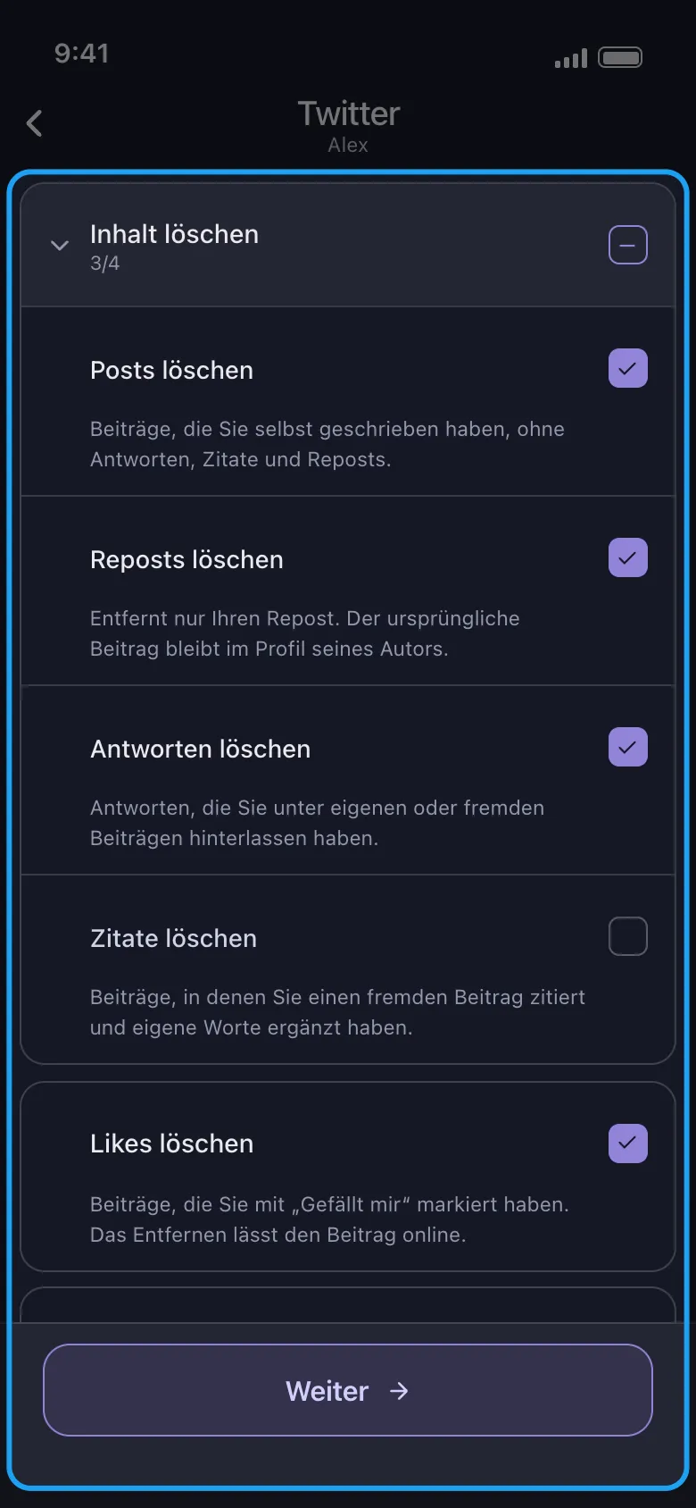 Unpost-Bildschirm „Was soll gelöscht werden“ für Twitter/X, die gesamte Kategorieliste hervorgehoben mit den Kontrollkästchen „Posts löschen“, „Reposts löschen“, „Antworten löschen“, „Zitate löschen“ und „Likes löschen“ über dem Button „Weiter“
