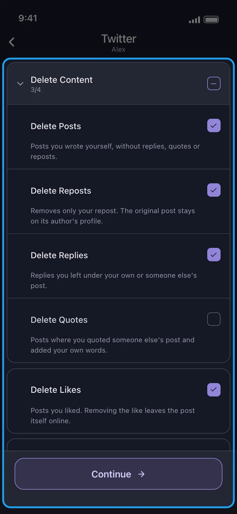 Twitter/X için Unpost "ne silinecek" ekranı; Continue düğmesinin üzerinde Delete Posts, Delete Reposts, Delete Replies, Delete Quotes ve Delete Likes onay kutularıyla birlikte tüm kategori listesi vurgulanmış (uygulamanın İngilizce etiketleri)