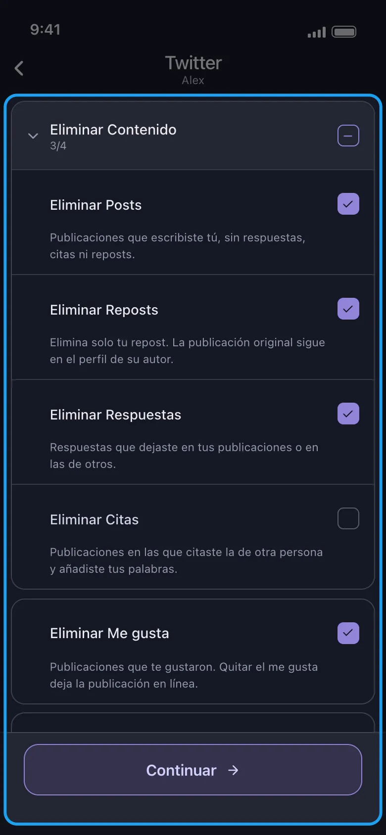 Pantalla de qué eliminar de X (Twitter) en Unpost, con la lista completa de categorías resaltada: Eliminar Posts, Eliminar Reposts, Eliminar Respuestas, Eliminar Citas y Eliminar Me gusta, encima del botón Continuar