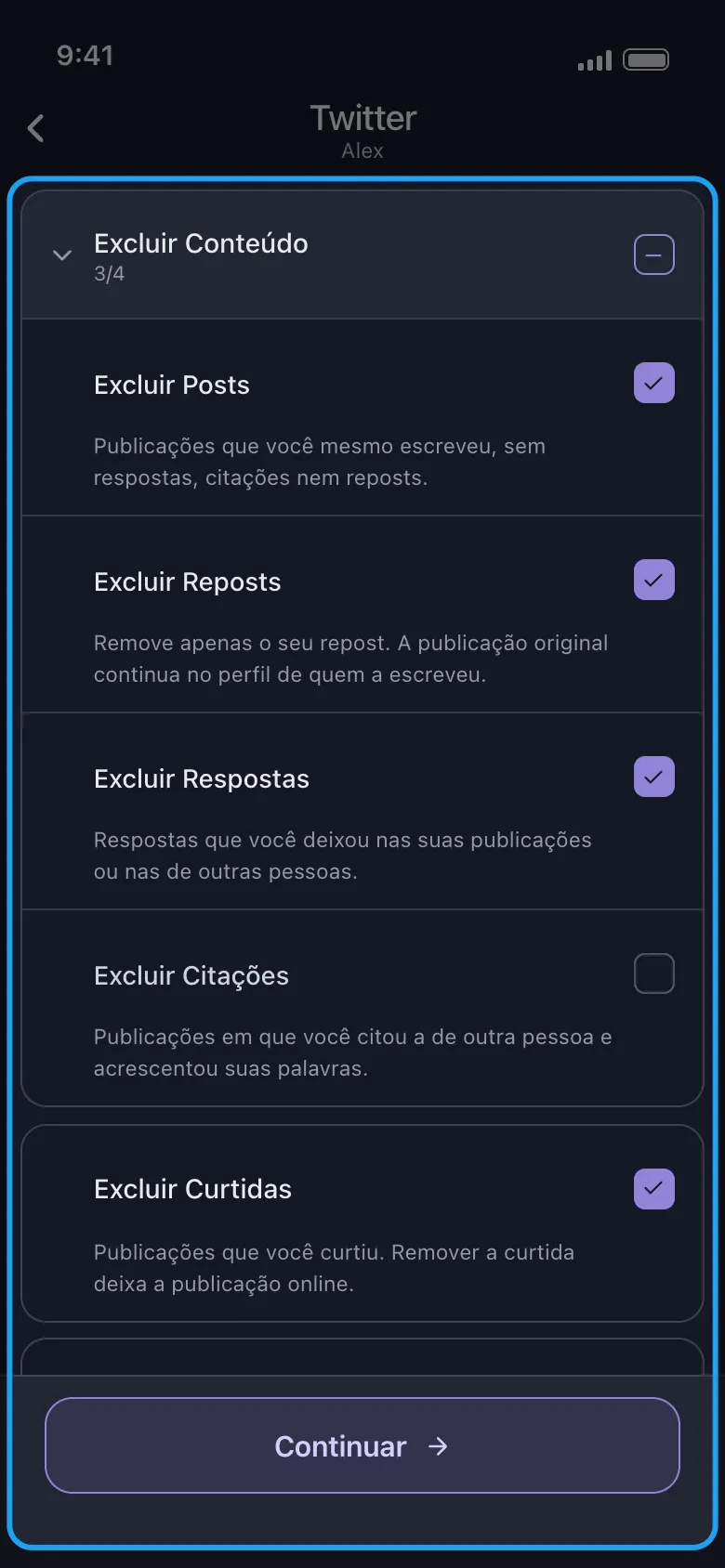 Tela "o que excluir" do Unpost para o Twitter/X, com a lista de categorias em destaque mostrando as caixas Posts, Reposts, Respostas, Citações e Curtidas acima do botão Continuar