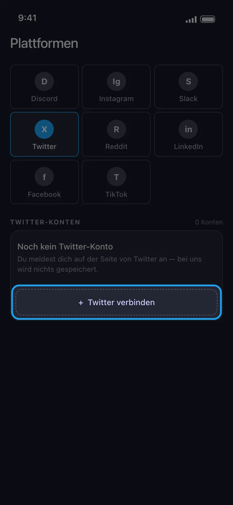 Der Button „X (Twitter) verbinden“ auf dem Plattformen-Bildschirm von Unpost, der den normalen X-Web-Login öffnet