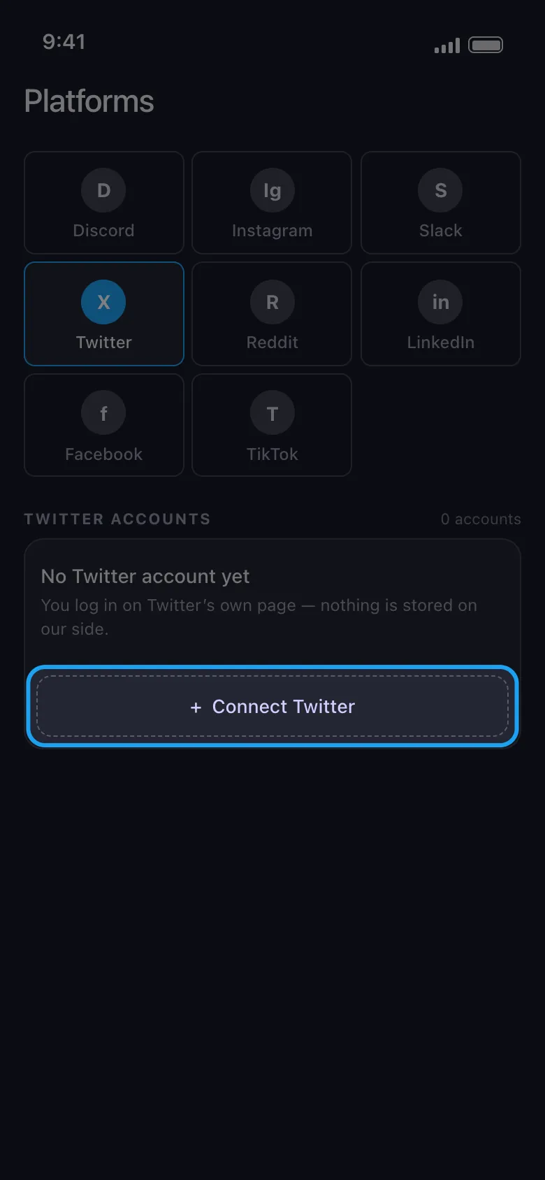 The Connect Twitter button on Unpost's Platforms screen, which opens the normal X web login