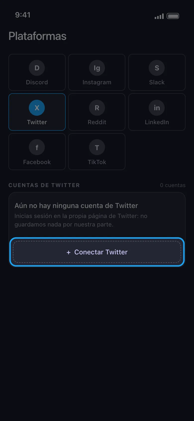El botón "Conectar Twitter" en la pantalla Plataformas de Unpost, que abre el login web normal de X