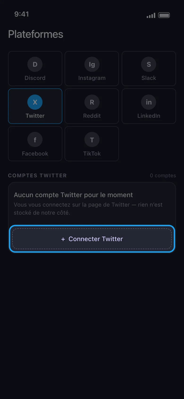 Écran Plateformes d'Unpost, Twitter sélectionné et le bouton Connecter Twitter mis en évidence