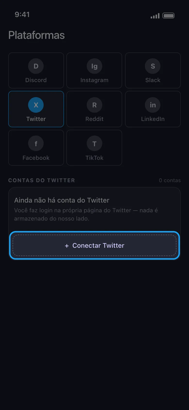 Tela Plataformas do Unpost com o Twitter selecionado e o botão Conectar Twitter destacado