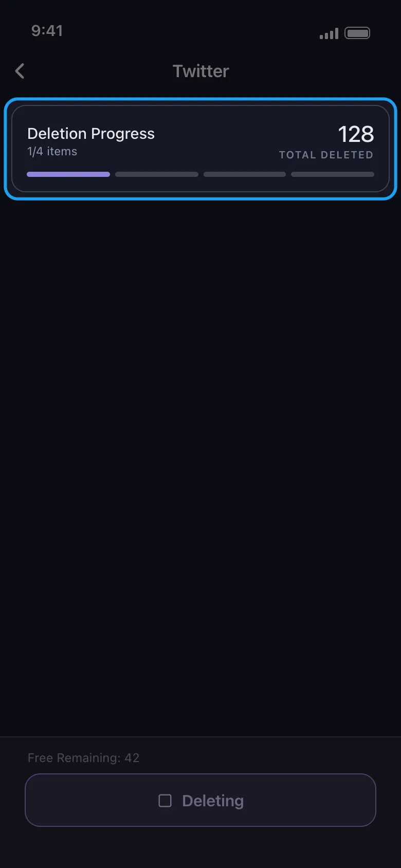 Unpost's deletion progress card during a Twitter cleanup, counting the tweets already removed