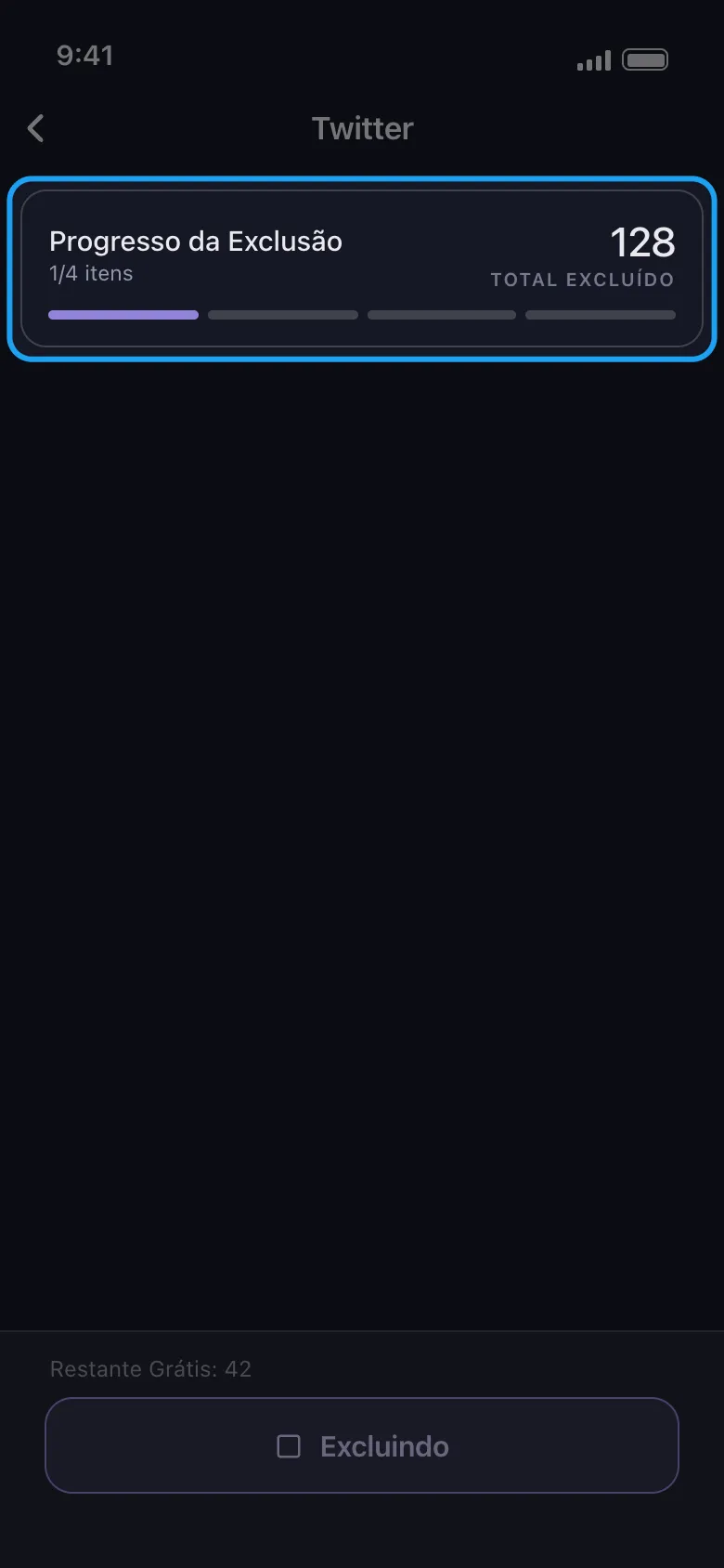 O cartão de progresso da exclusão do Unpost durante uma limpeza no Twitter, contando os tweets já excluídos