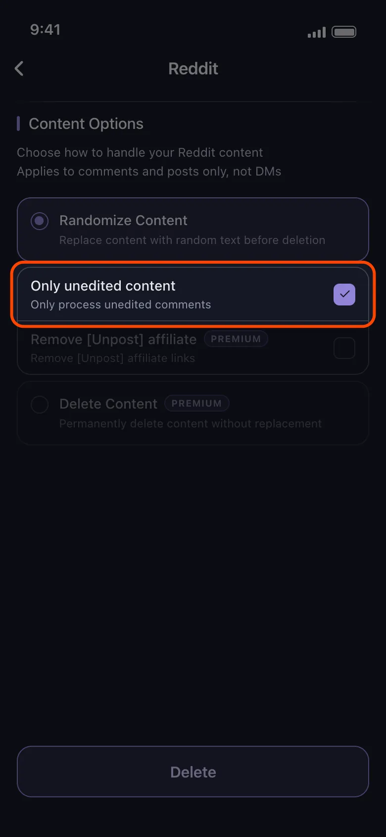 The Only unedited content option highlighted, ticked.