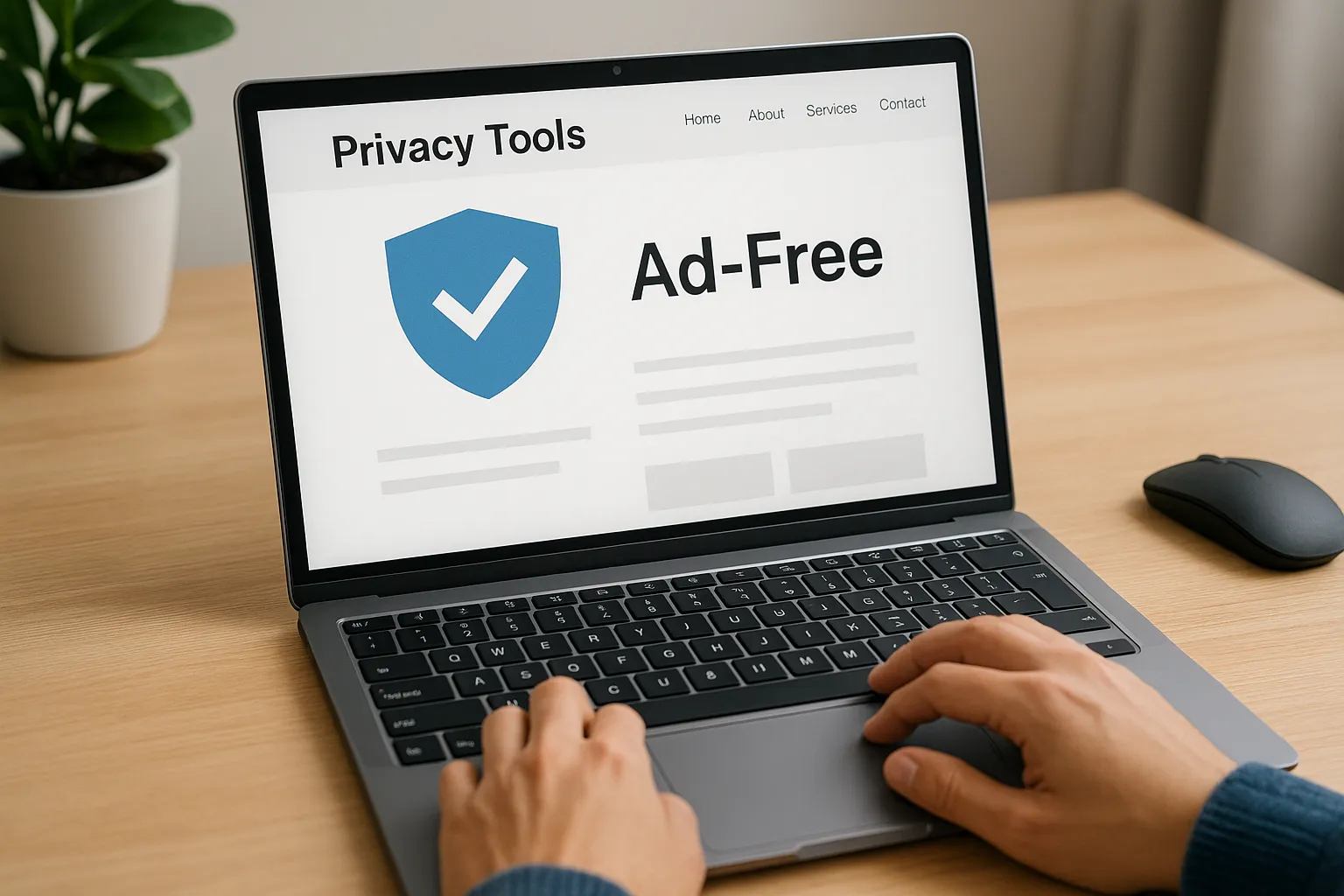 Person verwendet Datenschutz-Tools am Computer mit einer sauberen, werbefreien Oberfläche, die eine verbesserte digitale Erfahrung zeigt