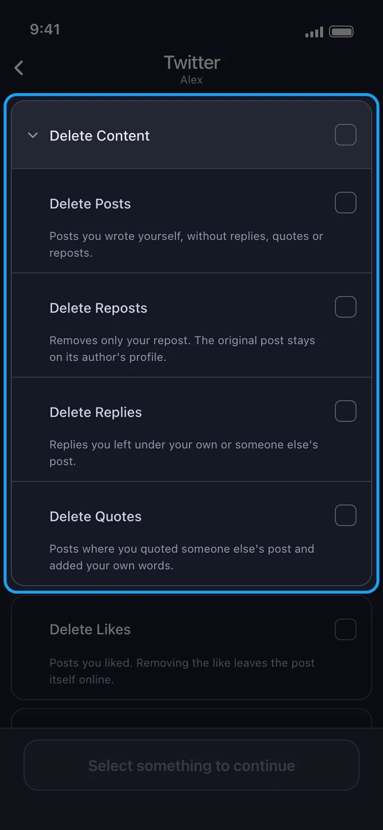 X’s Delete Content group highlighted, with Delete Posts, Delete Reposts, Delete Replies and Delete Quotes.